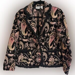 CHICO’S Fringed Tapestry Blazer, Black Pink Paisley (Size 1) 8 Medium M